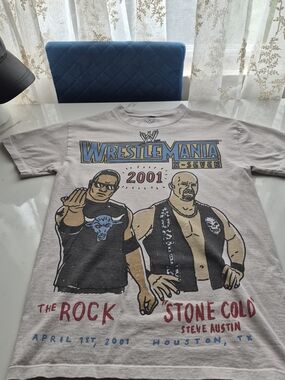 Y2Kstyle. WWE WrestleMania X-Seven 2001 Rock & Stone Cold Graphic Tee - White